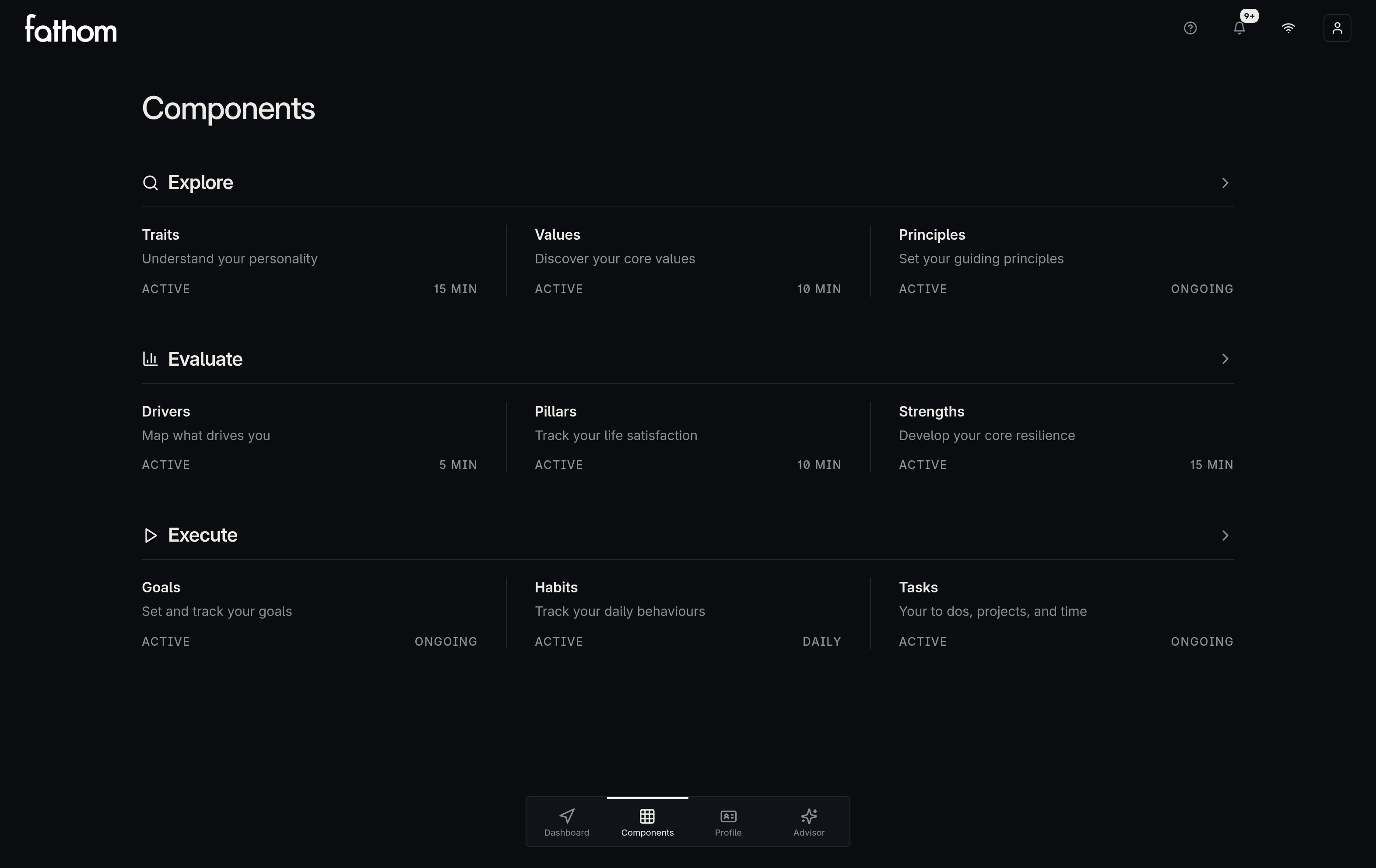 The Fathom Components page showing Explore, Evaluate and Execute with their three Components each.