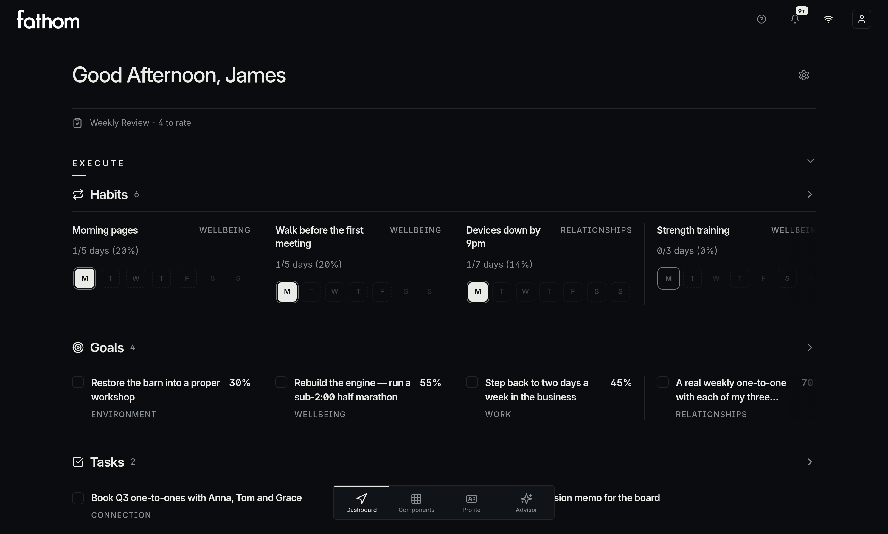 The Fathom Dashboard showing a personalised daily view, with today's Goals, Habits and Tasks in the Execute row.